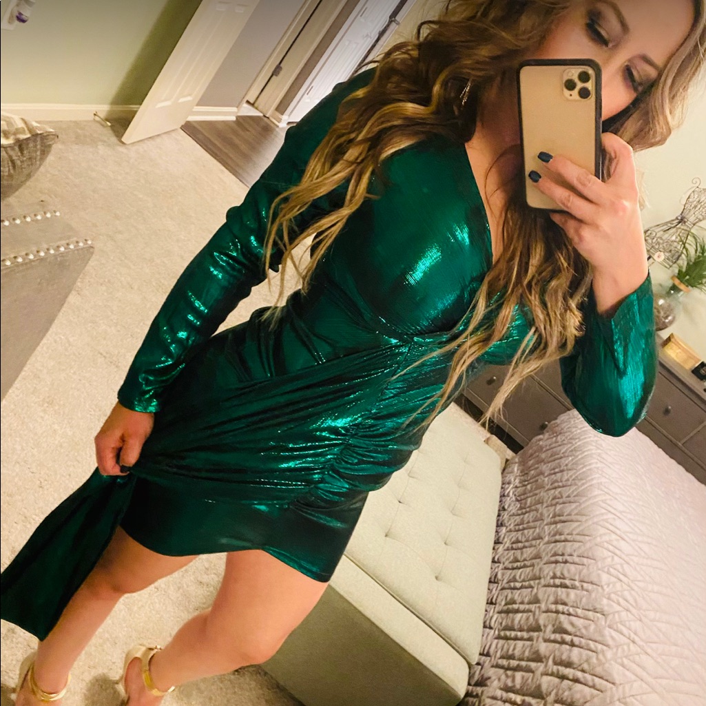 Nwt Women's Sexy Dress Deep V Neck Long Sleeve Ruched Sparkly Mini Dresses